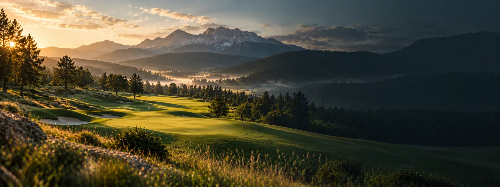 Mountain valley course at sunrise, mist lying along the treeline and a snow-topped ridge behind.